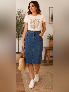 676 Mainstreet Blues Women’s Denim Midi Skirt Size 18W Blue Elastic Waist Cotton